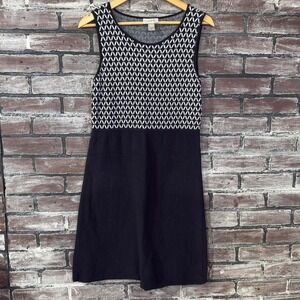 LOFT Dress Women M Black White Geometric Sleeveless Knit Fit Flare